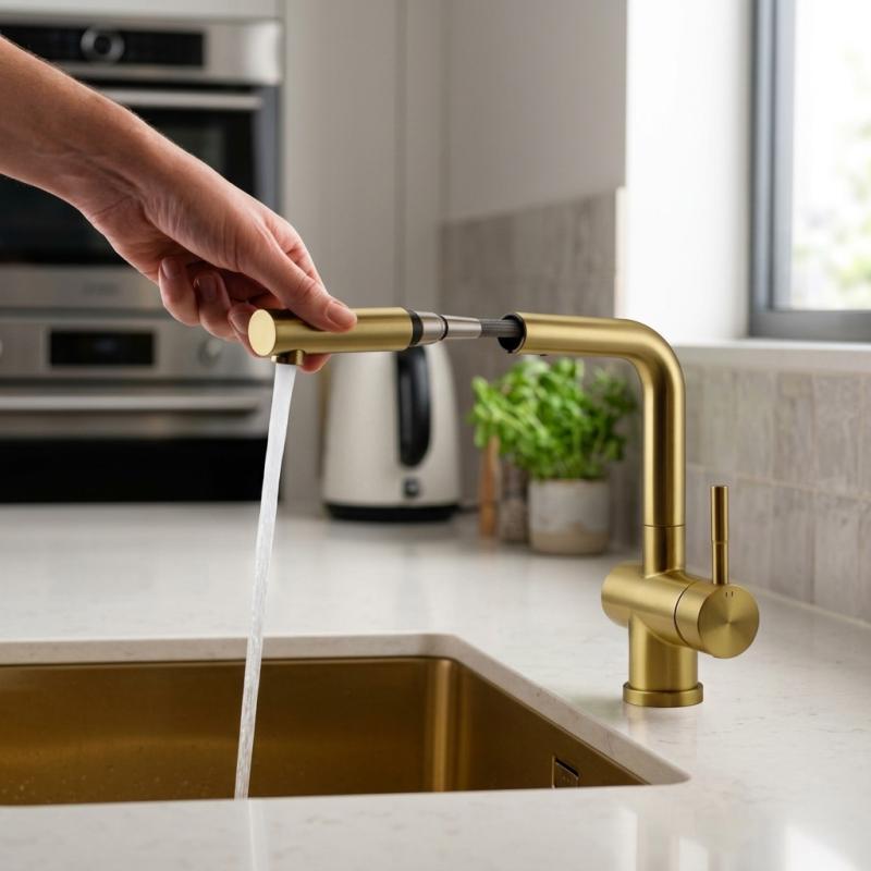 Pure.Sink Elite Steel Pulse-S keukenkraan PVD geborsteld goud  met uittrekbare uitloop  PS8500-60